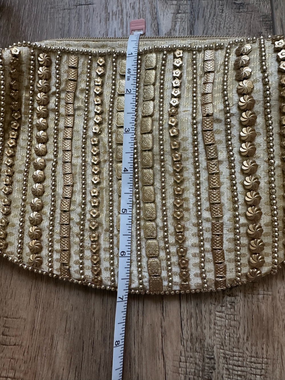 Handicraft Gold Beaded Potli Bag, Vintage Inspired Accents, Lotus Clutch, 11"x7" - Picture 13 of 15